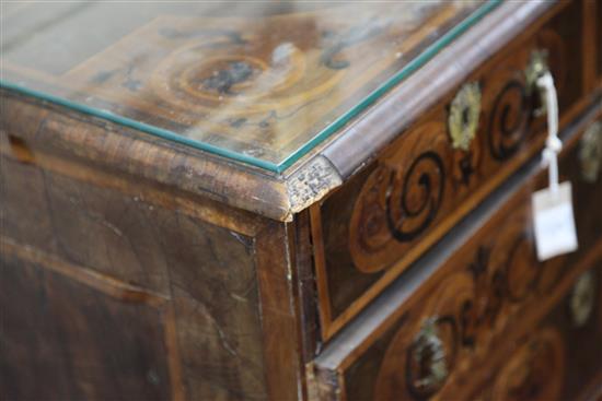 A late 17th century walnut marquetry and oyster veneered chest, W.3ft 3in. D.2ft .5in. H.2ft 9in.